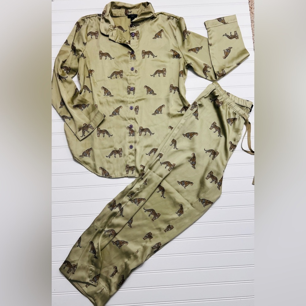 Ann Taylor Sage Green Satin Leopard Print Pajama Set Pants Top Button Up Small